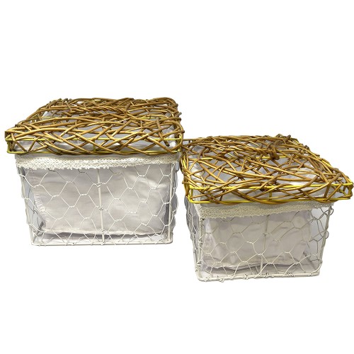 Set of 2 metal and wicker boxes