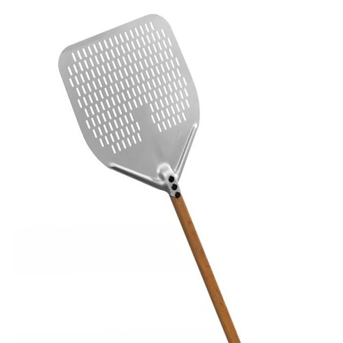 Perforated pizza shovel with wood effect handle